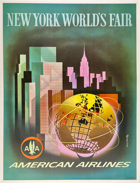 Original vintage New York World's Fair - American Airlines linen backed airline travel and tourism mid-century modern modernism poster circa 1964.