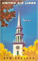 Original vintage United Air Lines - New England linen backed travel and tourism poster promoting travel to the upper east coast aboard United Airlines by artist Joseph Binder, circa 1955.