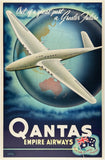 Original vintage Qantas Empire Airways - Out Of A Great Past A Greater Future linen backed futuristic modern aviation airline travel and tourism poster by artist Rhys Williams, circa 1938.