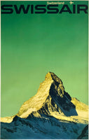 Original vintage Swissair - Switzerland linen backed aviation travel and tourism poster by artist Manfred Bingler, featuring a photographic image of the Matterhorn mountain in the Alps near Zermatt, circa 1964.