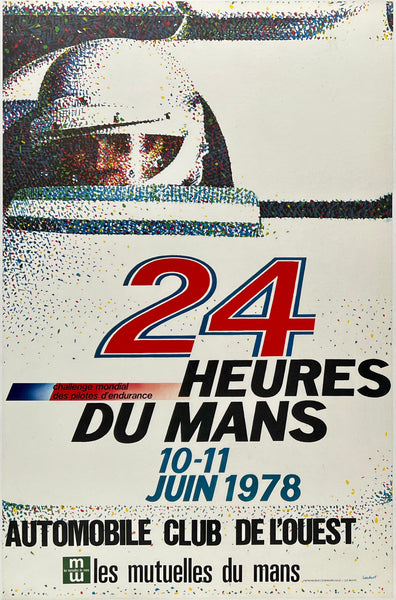 Original vintage 24 Hueres Du Mans Le Mans 1968 linen backed automobile car racing event promotional poster featuring a Renault by artist Lardrot, circa 1978.