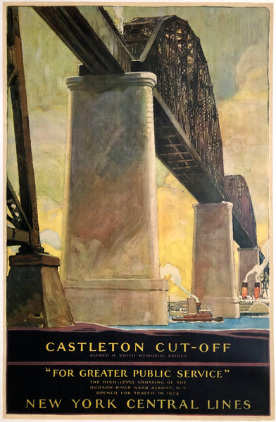 Original vintage Castleton Cut-Off - New York Central Lines linen backed America railway travel and railroad tourism poster by Herbert Stoops, circa 1925.