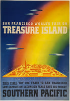 Original vintage San Francisco World's Fair on Treasure Island - Southern Pacific linen backed American railway travel and tourism poster by an anonymous artist, circa 1939.