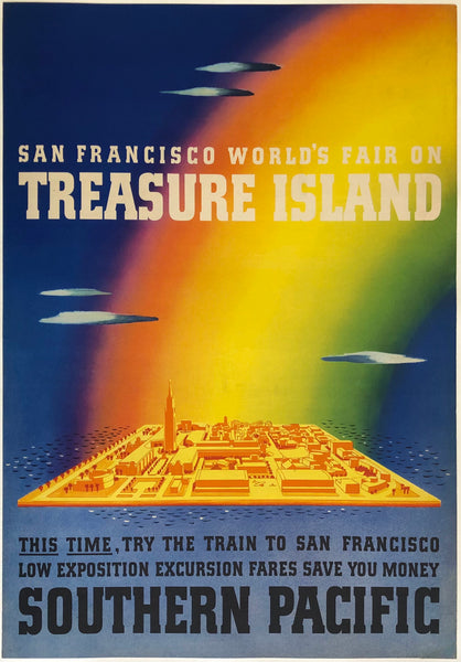 Original vintage San Francisco World's Fair on Treasure Island - Southern Pacific linen backed American railway travel and tourism poster by an anonymous artist, circa 1939.