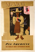 Original vintage Mexico - Festivals Old And New - Pan American - Pan Am - The World's Most Experienced Airline linen backed travel and tourism poster featuring a matador, rooster, and other Mexican customs, by artist E. McKnight Kauffer, circa 1948.