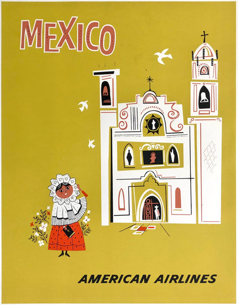 Original vintage Mexico - American Airlines linen backed silkscreen airline travel and Mexican tourism mid-century modern poster circa 1960s.