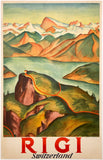 Original vintage Rigi - Switzerland linen backed Swiss travel and tourism poster featuring the Alps and a map to Luzern and Zurich artist Hans Herzig, circa 1925.
