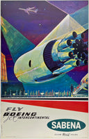 Original vintage Sabena - Fly Boeing Jet linen backed modernist aviation airline travel poster affiche plakat by artist Gaston Van Den Eynde circa 1960.