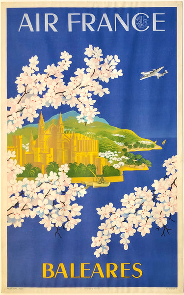 Original vintage Air France - Baleares linen backed airline travel and Italian tourism poster by artist Lucien Boucher promoting travel to to the Balearic Islands of Spain, circa 1951.