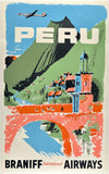 Original vintage Peru Braniff International Airways linen backed airline aviation travel and tourism poster plakat affiche circa 1960s.