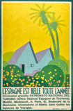 Original vintage L'Espagne Visit Spain linen backed Spanish travel and tourism poster plakat affiche with French text promoting the flowers and fruits of the Mediterranean circa 1930s.