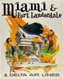 Original vintage Miami Lauderdale - Delta Air Lines linen backed airline travel and tourism poster plakat affiche circa 1970s.