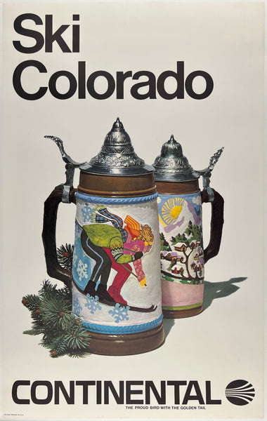 Original vintage Ski Colorado Continental Airlines - The Proud Bird With The Golden Tail linen backed aviation airline travel and tourism poster circa 1960s.