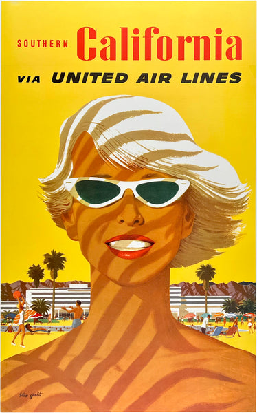 Original Vintage Southern California Via United Air Lines linen backed UAL airline travel and tourism poster by artist Stan Galli circa 1950s. Galli was the illustrator of aviation travel posters for many United Airlines domestic destinations.