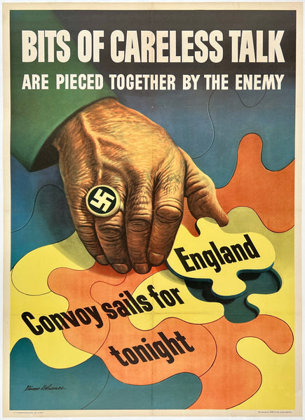 Original vintage Bits of Careless Talk - Convoy Sails For England Tonight linen backed USA World War II American propaganda poster circa 1943.