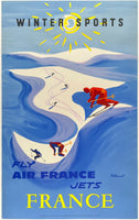 Original vintage Fly Air France Jets - Winter Sports linen backed French travel and tourism skiing sports poster by artist Bernard Villemot, circa 1954.