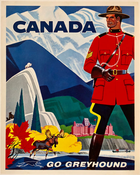 Original vintage Canada - Go Greyhound linen backed bus travel and tourism poster featuring the Canadian Rockies, a mouse, fisherman, and mountie by artist Rod Ruth, circa 1960s.
