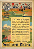 Original vintage Southern Pacific Lines - Four Routes From The East - Have You Any Friends Coming West linen backed American railway travel and tourism poster circa 1923.