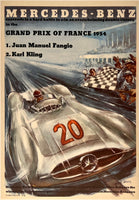Original vintage Mercedes Benz - GP of France 1954 linen backed automobile car racing showroom poster plakat by artist Hans Liska, circa 1954.