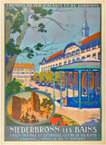 Original vintage Chemins De Fer D'Alsace Et De Lorraine - Niderbronn Les Baines linen backed French railroad France travel tourism poster by artist Kister, circa 1930.