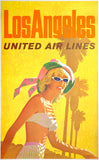 Original Vintage Los Angeles United Air Lines linen backed UAL airline travel and tourism poster by artist Stan Galli, circa 1960. Galli was the illustrator of aviation travel posters for many United Airlines domestic destinations.