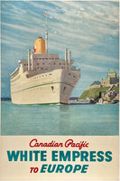 Original vintage Canadian Pacific Empress to Europe Empress of Britain linen backed travel and tourism cruise ship poster plakat affiche by artist circa 1950s.