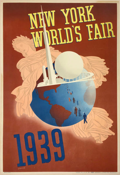 Original vintage New York World's Fair 1939 linen backed poster promoting travel and tourism to New York City and the fair by artist John Atherton, circa 1939.