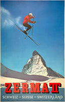 Original vintage Zermatt- Switzerland linen backed travel and tourism poster featuring a photo by Perren-Barberini of a ski jumper with Matterhorn in the background circa 1964.