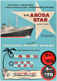 Original vintage S.S. Arosa Star Nassau Havana Miami linen backed travel and tourism cruise ship poster plakat affiche circa 1950s.