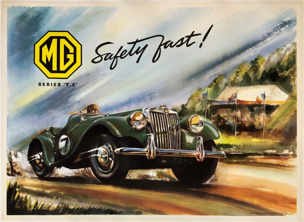 Original vintage MG Series 'T.F.' - Safety Fast! linen backed British automobile car racing poster illustrated by artist J. Pelling, and printed in Great Britain, England, United Kingdom circa 1953.