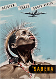 Original vintage Belgium, Belgian Congo, South Africa By Sabena Belgian Air Lines linen backed travel and tourism poster by artist C. Pub, circa 1950s.