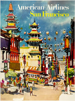 Original vintage American Airlines San Francisco linen backed airline travel and tourism mid-century modern small format poster by artist Kingman circa 1960s.
