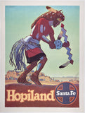 Original vintage Santa Fe Railroad - Hopiland - Buffalo Dancer linen backed Southwestern American railway travel and tourism poster, circa 1950s.