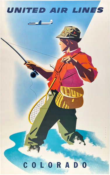 Original vintage United Air Lines - Colorado linen backed UAL airline travel and tourism fishing poster plakat affiche by artist Joseph Binder, circa 1957.
