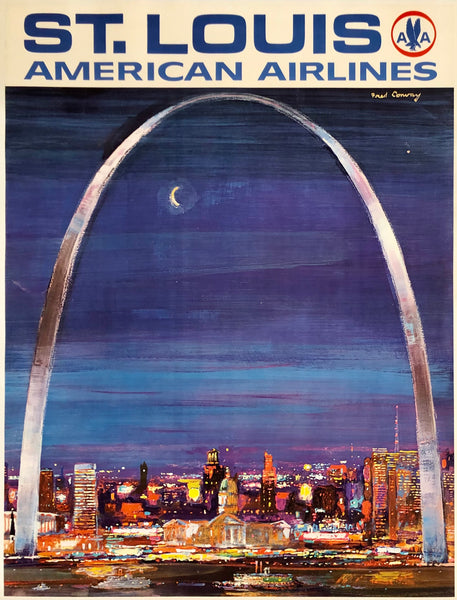 Original vintage St. Louis - American Airlines linen backed airline travel and tourism mid-century modern poster by artist Fred Conway circa 1970s.