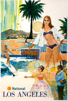 Original vintage National Airlines - Los Angeles linen backed aviation airline travel and tourism poster, circa 1960s.