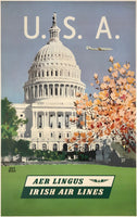 Original vintage U.S.A. Aer Lingus - Irish Air Lines linen backed airline travel and tourism poster by artist Adolph Treidler promoting travel to America to Washington D.C., the cherry blossoms, and The Capitol, circa 1955.