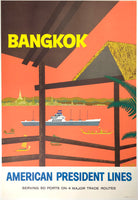 Original vintage Bangkok - American President Lines linen backed travel and tourism cruise ship poster by artist J. Clift, circa 1950s.