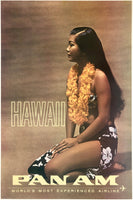 Original vintage Hawaii - Pan Am World's Most Experienced Airline linen backed travel and tourism poster featuring a beautiful woman hula dancer, illustrated by an anonymous artist, circa 1970.