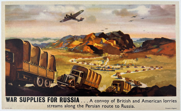 Original vintage War Supplies For Russia British and American USA World War II propaganda poster plakat affiche circa 1942.