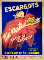 Original vintage Escargots Menetrel linen backed French food and liquor art deco advertising poster by artist Rudd, cirecal 1930s.