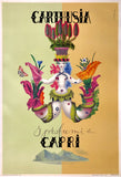 Original vintage Carthusia - I Profumi Di Capri Italy linen backed fashion advertising travel tourism poster for the Italian perfume, by Mario Laboccetta, circa 1962.