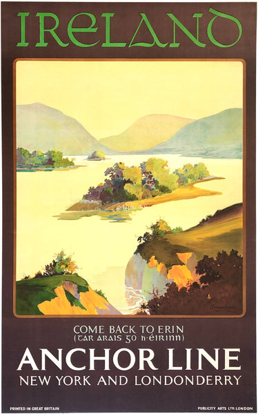 Original vintage Ireland - Come Back To Erin - Anchor Line - New York and Londonderry linen backed cruise ship poster promoting travel travel to and from Ireland.  By Artist Clive Venn Strangeman, circa 1930s.
