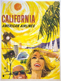 Original vintage California - American Airlines linen backed travel and tourism poster featuring the Hollywood Bowl, actors and actresses, sailboats, palm trees, the Capitol Records building, and the Pacific Coast by artist Boyle, circa 1960.