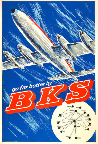 Original vintage BKS - Go Far Better linen backed British Airways UK airline travel and tourism silkscreen poster for Northeast Airlines, circa 1960s.
