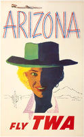Original vintage Arizona - Fly TWA linen backed airline aviation travel and tourism poster featuring a Connie aircraft by artist Austin Briggs, circa 1960s.