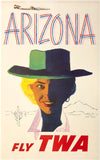 Original vintage Arizona - Fly TWA linen backed airline aviation travel and tourism poster featuring a Connie aircraft by artist Austin Briggs, circa 1960s.