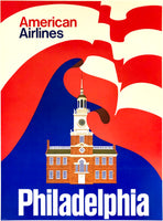 Original vintage American Airlines - Philadelphia linen backed airline travel and tourism mid-century modern poster featuring Independence Hall circa 1960s.