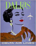 Original vintage Dallas - Delta Air Lines linen backed silkscreen airline travel and tourism poster, circa 1960s.
