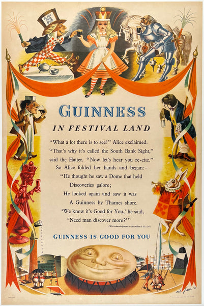 Original vintage Guinness in Festival Land linen backed Irish stout beer advertising poster featuring Alice in Wonderland and the Mad Hatter by artist Eric Fraser, circa 1951.